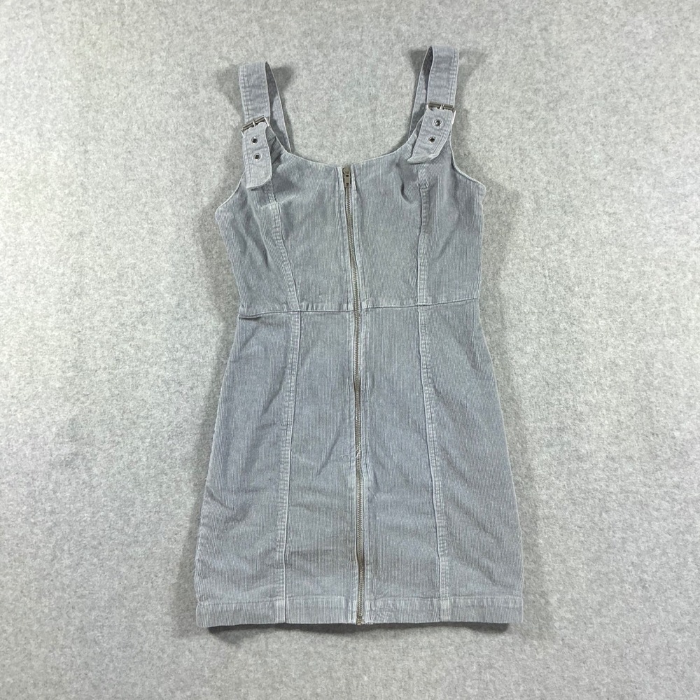 Blashe Corduroy Mini Dress Grey Blue Zip Front Buckle Strap Sleeveless Small